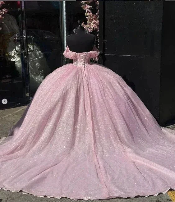 Glitter Off The Shoulder Pink Tulle Beaded Ball Gown Quinceanera Dress  Y7462 - Image 2