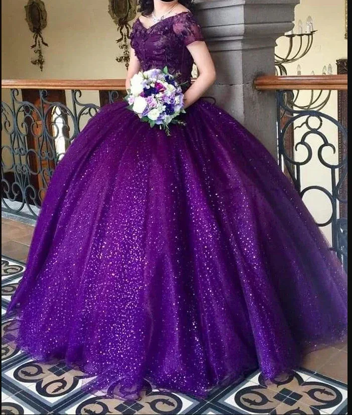Glitter Off The Shoulder Purple Ball Gown,Purple Quinceanera Dress,Sweet 16 Dress Y4941 - Image 2