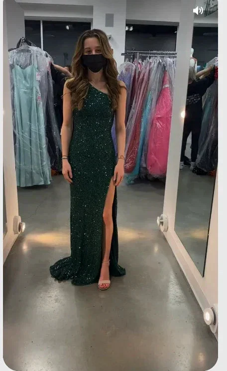 Glitter One Shoulder Green Sheath/Column Evening Dress Charming Formal Gown With Side Slit  Y509 - Image 3