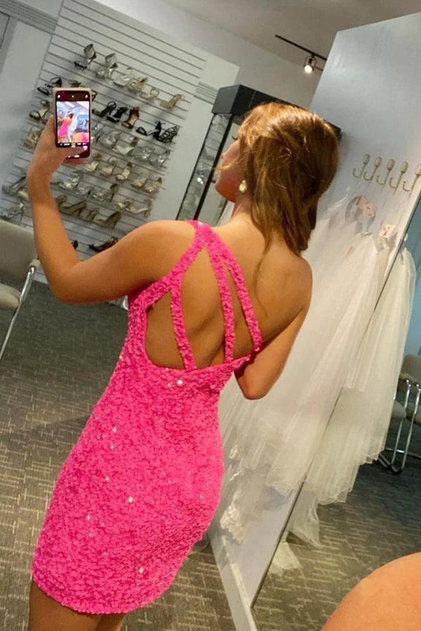 Glitter One-Shoulder Hot Pink Homecoming Dress With Sequins PD462 - Image 2