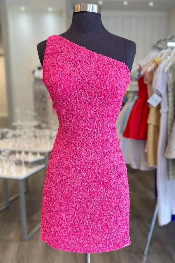 Glitter One-Shoulder Hot Pink Homecoming Dress With Sequins PD462 - Image 6