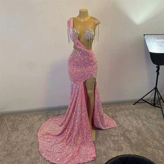 Glitter Pink Sequins Prom Dresses For Black Girls Tassels Luxury Dress For Gala Party 2023 Split Slit Long Mermaid Evening Gowns Y1871 - Image 2