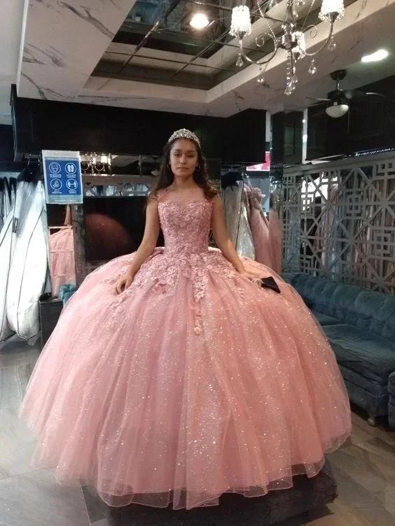 Glitter Pink Tulle Appliques Ball Gown , Sweet 16 Dress , Pink Quinceanera Dress Y750 - Image 2