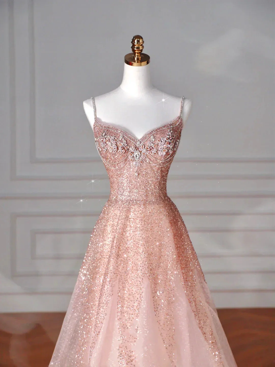 Glitter Pink Tulle Sequins Beaded Prom Dress Spaghetti Straps A Line Evening Dress Y8619 - Image 3