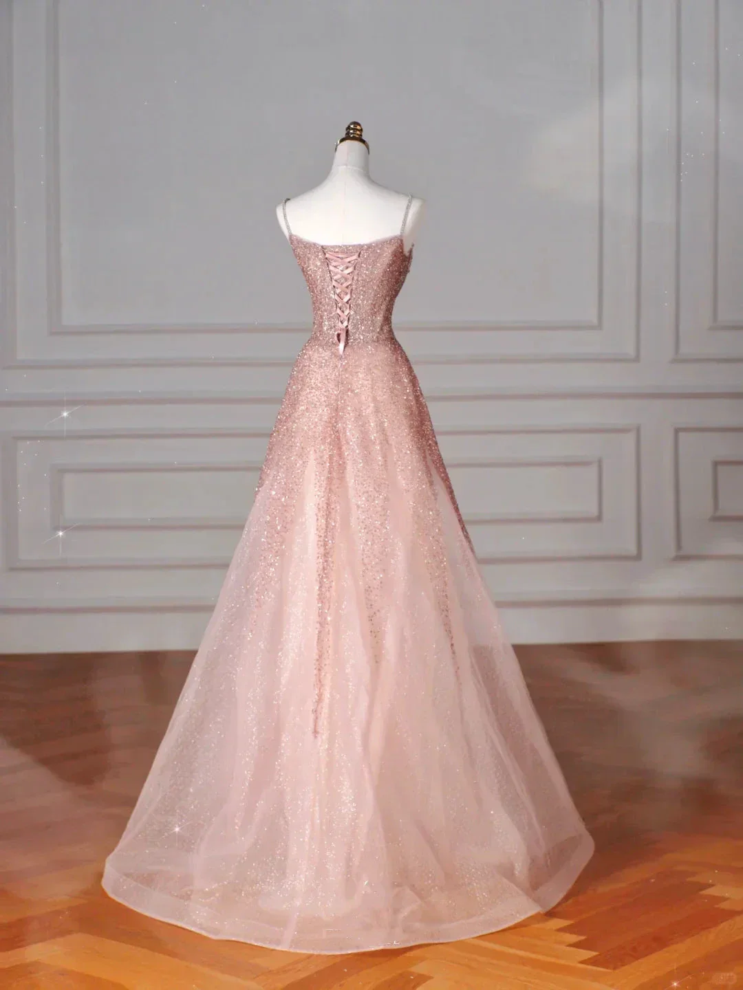 Glitter Pink Tulle Sequins Beaded Prom Dress Spaghetti Straps A Line Evening Dress Y8619 - Image 4