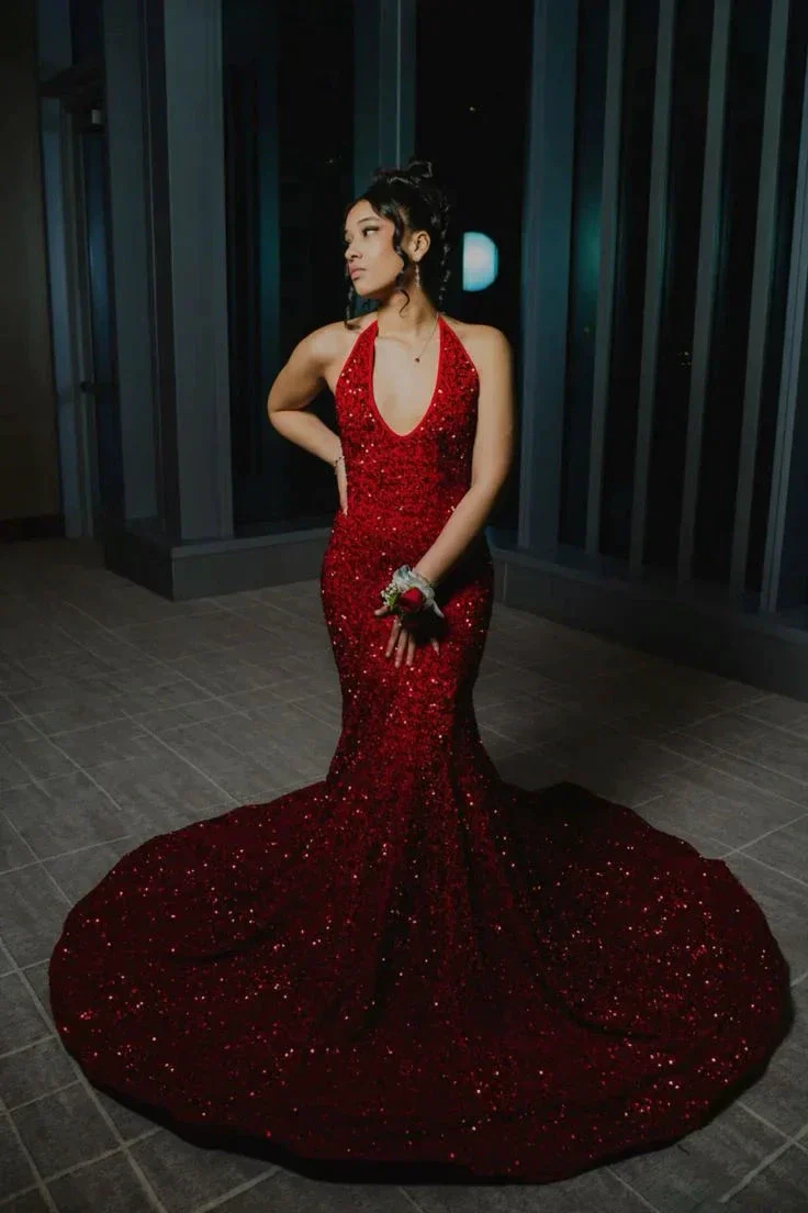 Glitter Red Sequins Mermaid Evening Dress With Train  Y5567 - Image 2