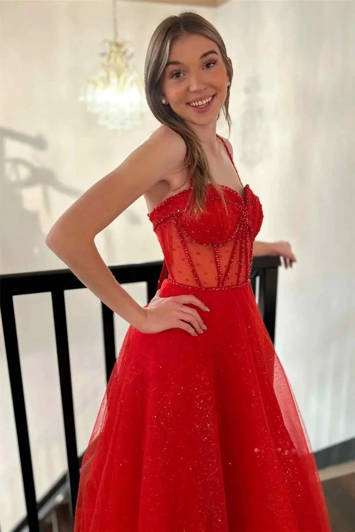 Patricia | Glitter Red Straos Beaded A-Line Formal Dress with Slit - Image 2
