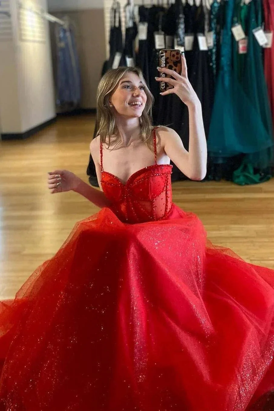 Patricia | Glitter Red Straos Beaded A-Line Formal Dress with Slit - Image 3