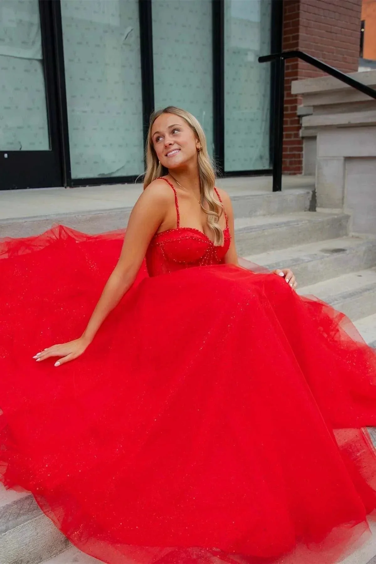Patricia | Glitter Red Straos Beaded A-Line Formal Dress with Slit - Image 4