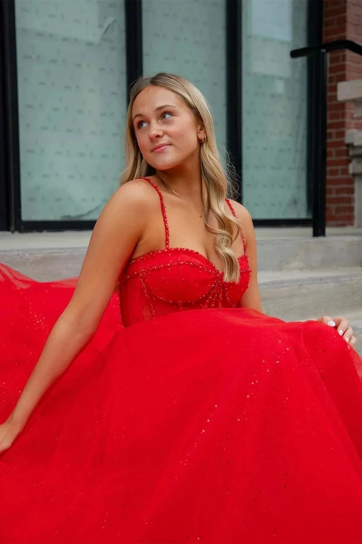 Patricia | Glitter Red Straos Beaded A-Line Formal Dress with Slit - Image 5