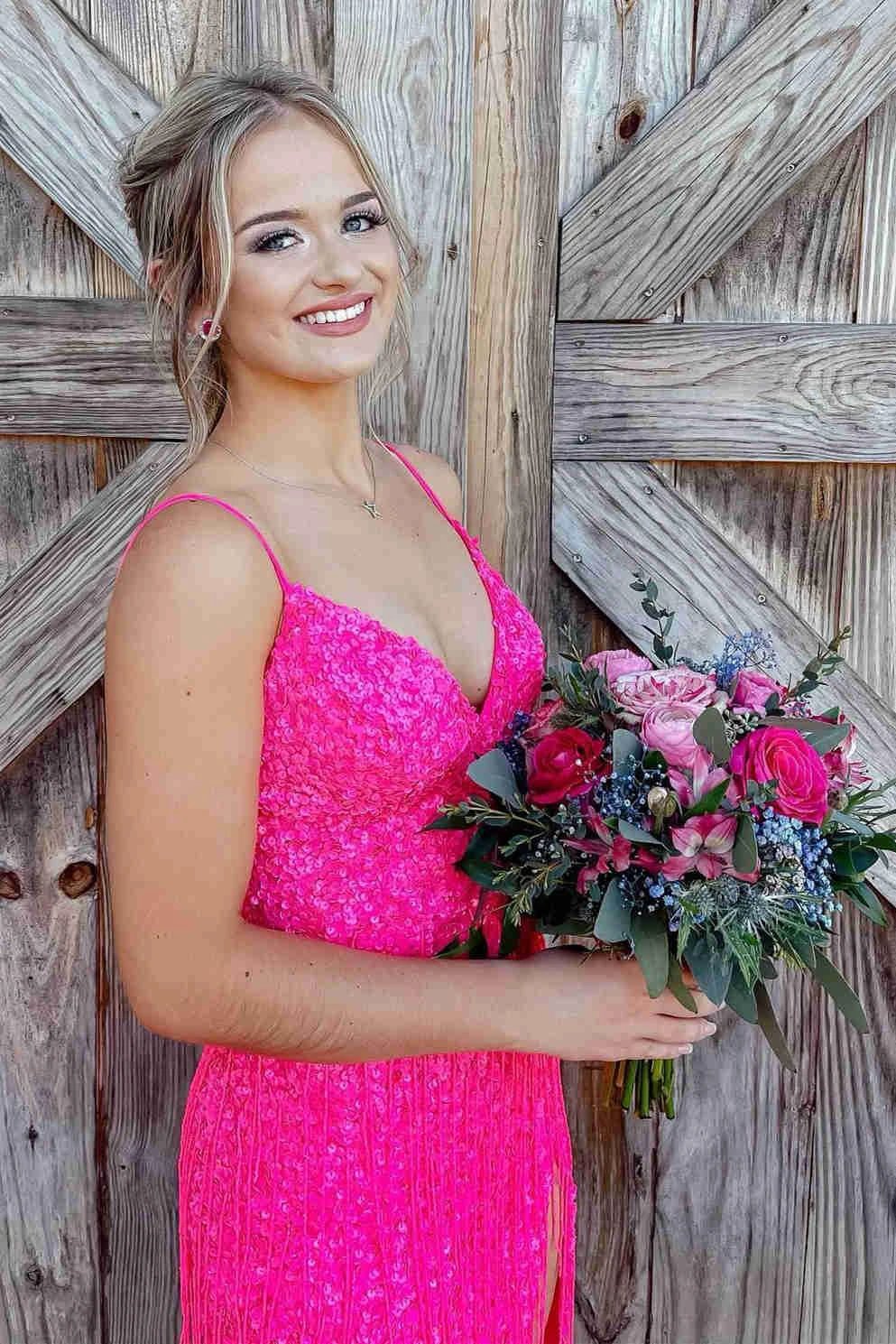 Glitter Red V-Neck Long Prom Dress with Tassel - Image 2