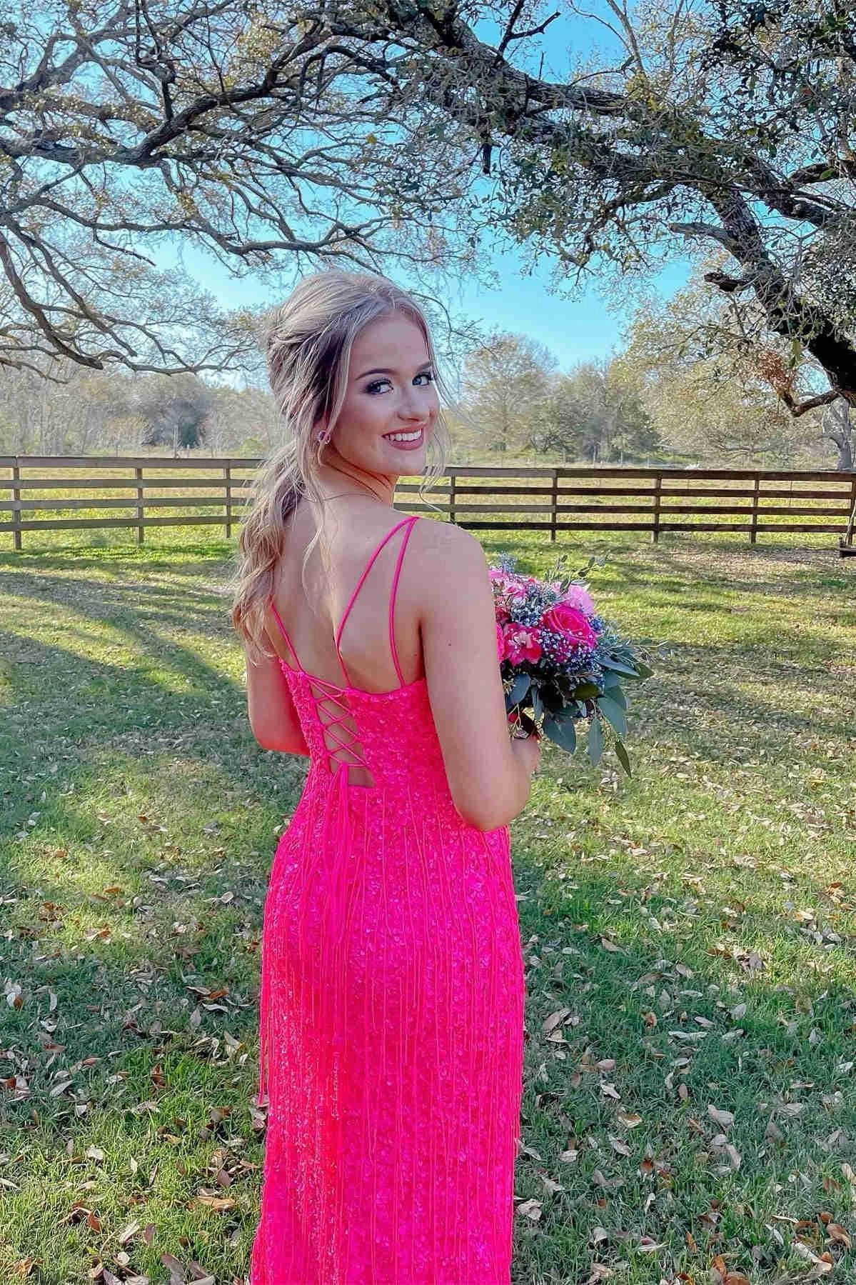 Glitter Red V-Neck Long Prom Dress with Tassel - Image 3