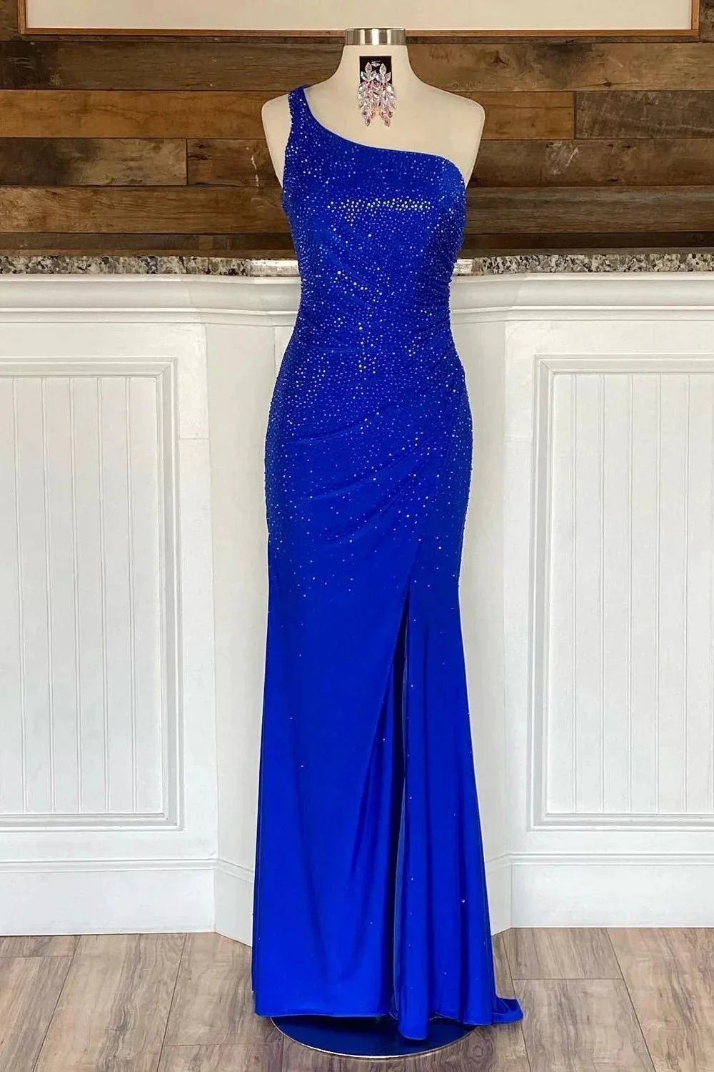 Celine |Mermaid One Shoulder Beaded Jersey Prom Dress with Slit - Image 5