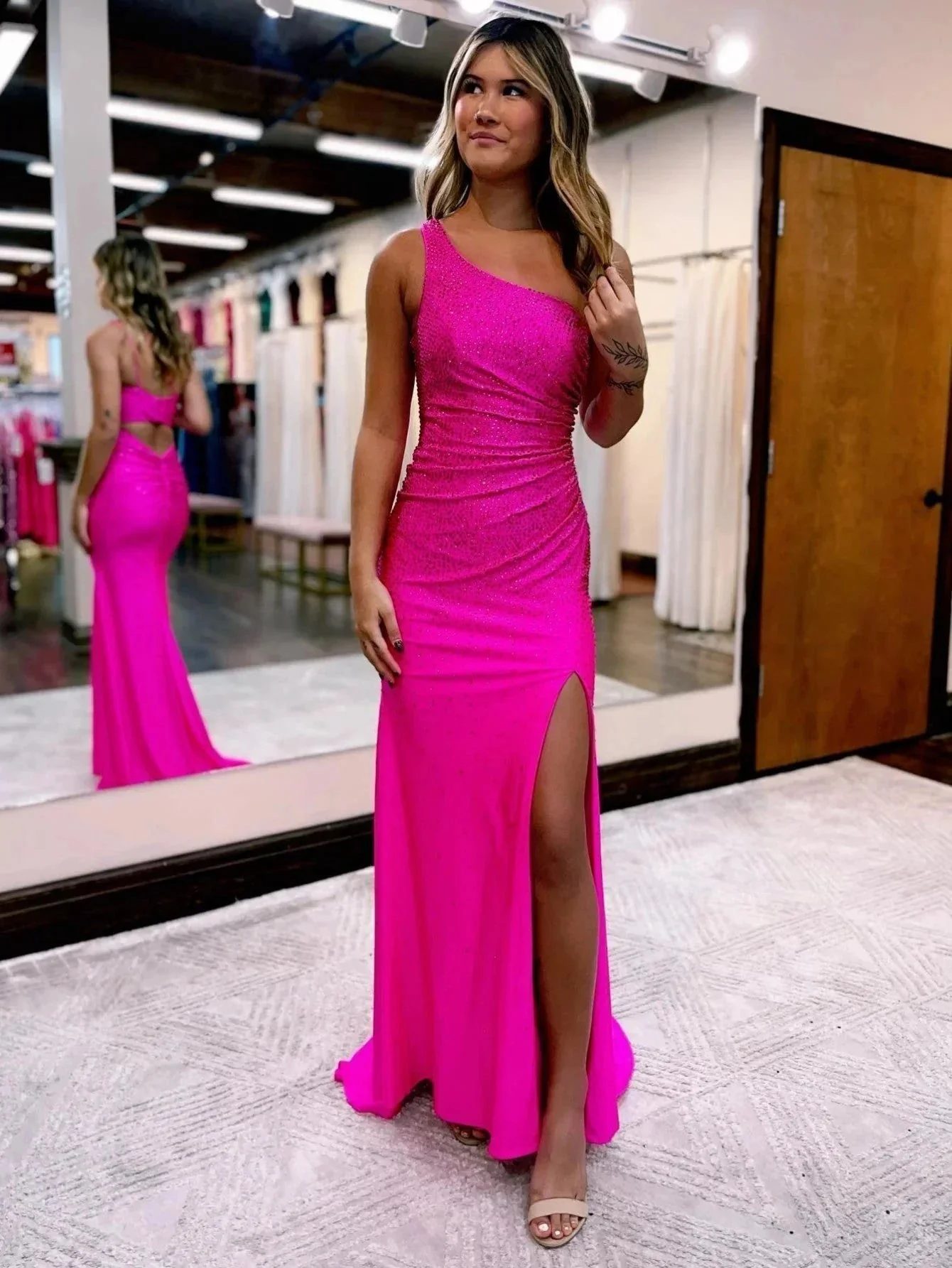 Celine |Mermaid One Shoulder Beaded Jersey Prom Dress with Slit - Image 8