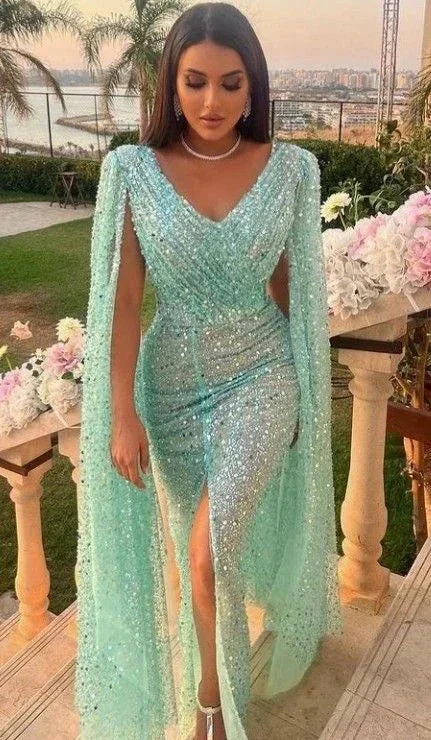 Glitter Sequin Evening Dress Mermaid Party Dress with Cape Sexy High Slit A-Line Elegant Luxury Dresses Y4882 - Image 2