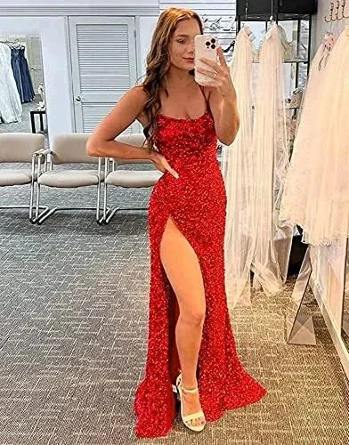 Glitter Sequin Prom Dresses High Slit formal dress Royal Blue Evening Dress Y75 - Image 3