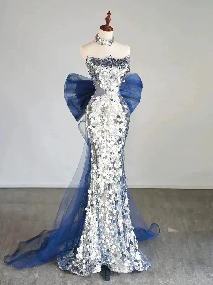 Glitter Silver Sequins Mermaid Evening Dress Long Prom Dress With Bow Y7746 - Image 2