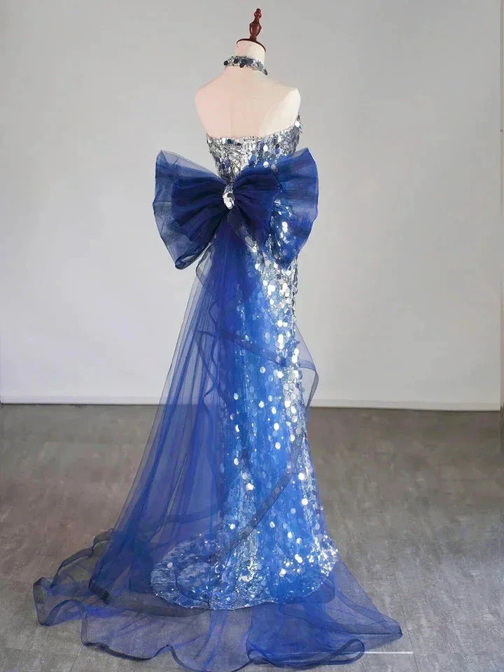 Glitter Silver Sequins Mermaid Evening Dress Long Prom Dress With Bow Y7746 - Image 3