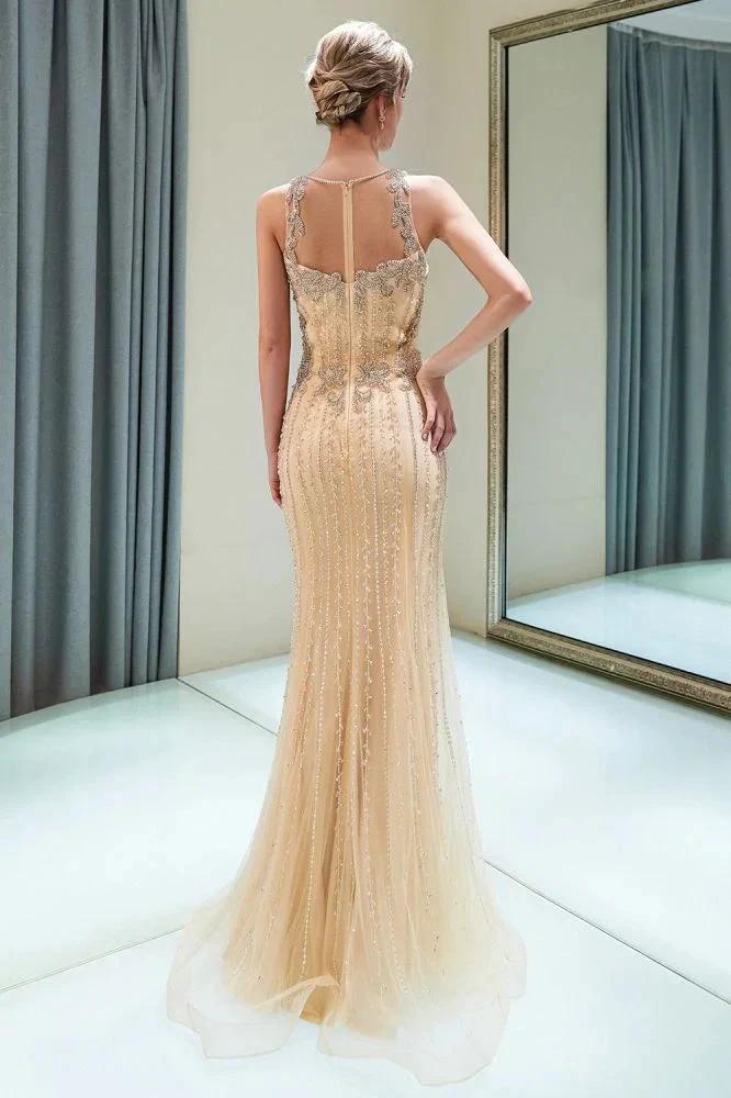 Glitter Sleeveless Beading Golden Evening Dress Crew Neck Mermaid Party Gown - Image 2
