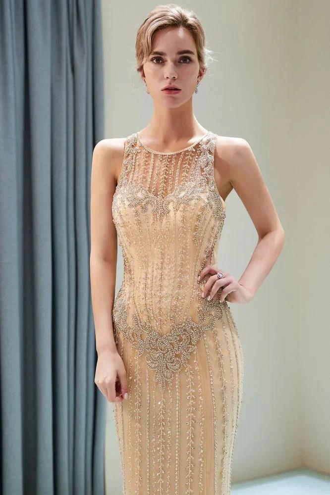 Glitter Sleeveless Beading Golden Evening Dress Crew Neck Mermaid Party Gown - Image 4