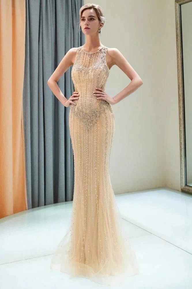 Glitter Sleeveless Beading Golden Evening Dress Crew Neck Mermaid Party Gown - Image 5