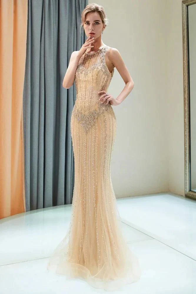 Glitter Sleeveless Beading Golden Evening Dress Crew Neck Mermaid Party Gown - Image 6