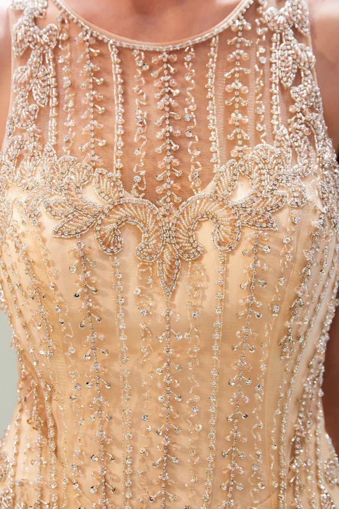 Glitter Sleeveless Beading Golden Evening Dress Crew Neck Mermaid Party Gown - Image 8