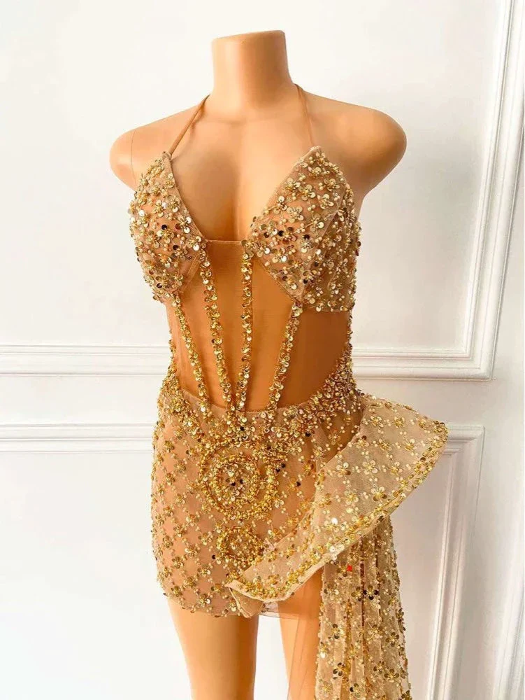 Glitter Sleeveless Gold Sequin Girls African Short Homecoming Dresses Y548 - Image 3