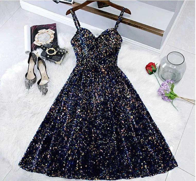 Glitter Spaghetti Straps Cute Short Prom Dresseses Tight Tea Length Homecoming Dresses - Image 3