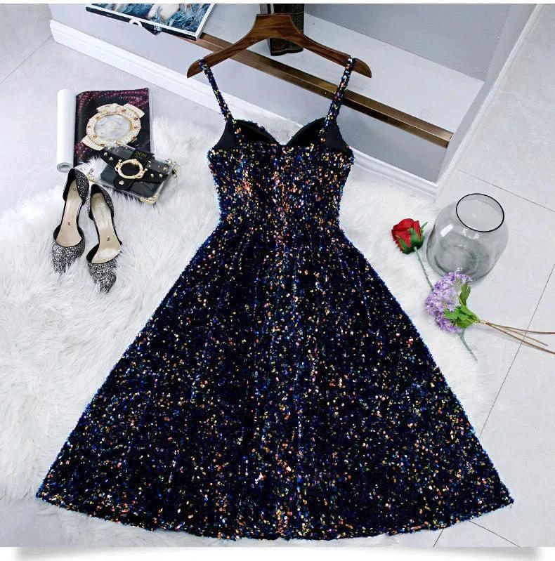 Glitter Spaghetti Straps Cute Short Prom Dresseses Tight Tea Length Homecoming Dresses - Image 4