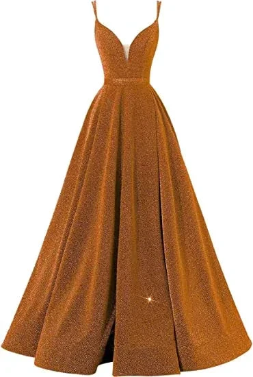 Glitter Spaghetti V-Neck Prom Dresses Long  Formal Evening Dress Y871 - Image 2