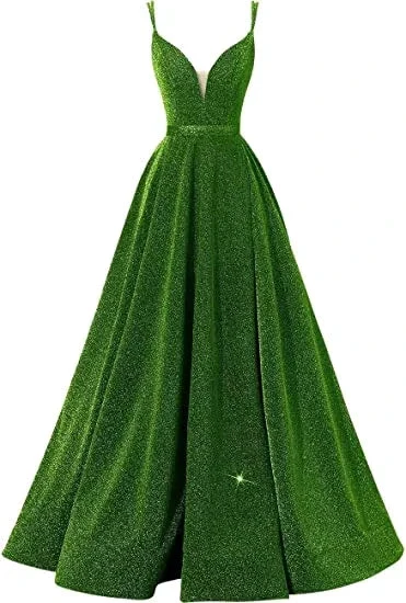 Glitter Spaghetti V-Neck Prom Dresses Long  Formal Evening Dress Y871 - Image 3