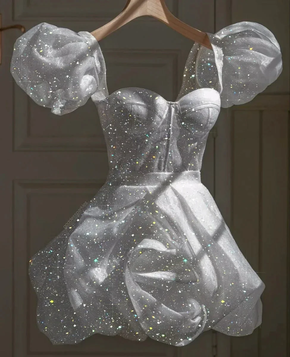 Glitter Sparkle White Homecoming Dress Retro White 22nd Birthday Outfit Dress Y4081 - Image 2