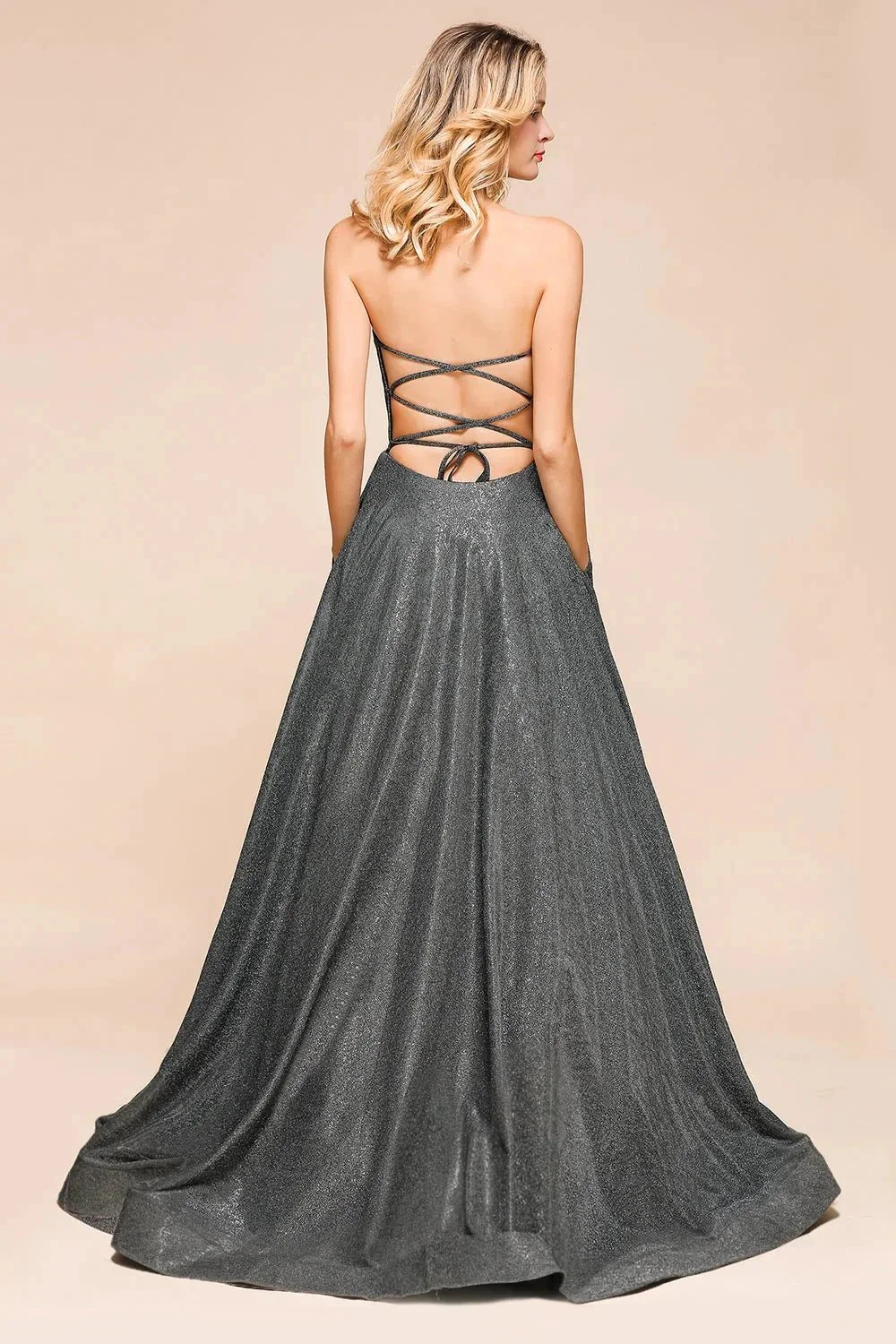 Glitter Strapless Backless Split Long Prom Dress - Image 2