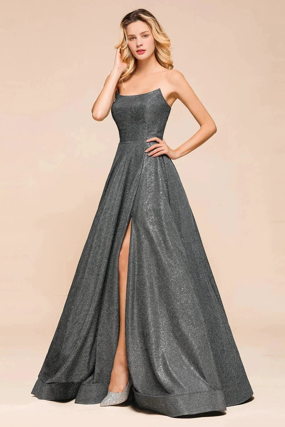 Glitter Strapless Backless Split Long Prom Dress - Image 3