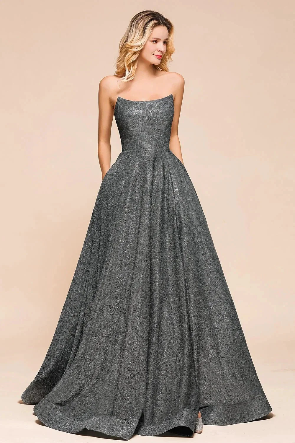 Glitter Strapless Backless Split Long Prom Dress - Image 5