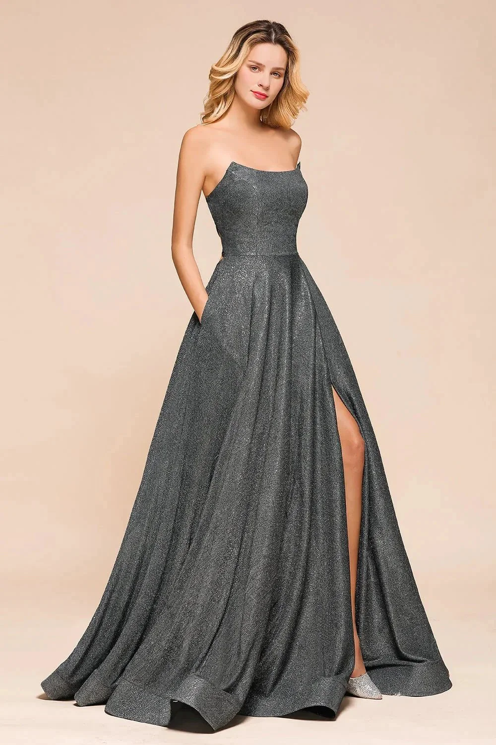 Glitter Strapless Backless Split Long Prom Dress - Image 6