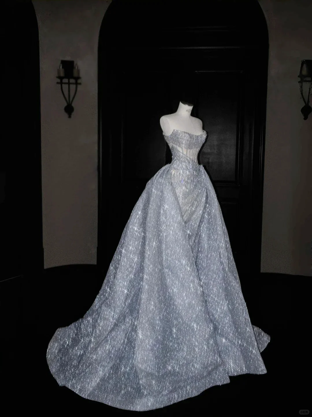 Glitter Strapless Blue Tulle Sequins A Line Prom Dress Evening Dress,Formal Wedding Dress Y8676 - Image 4