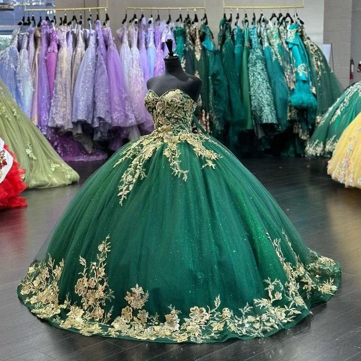 Glitter Sweetheart Green Tulle and Gold Appliques Ball Gown Sweet 16 Dress Princess Dress Y4304 - Image 2