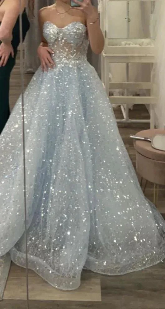 Glitter Blue Sweetheart Tulle Sequins Long Prom Dress,Sexy A-line Evening Dress Y1391 - Image 2