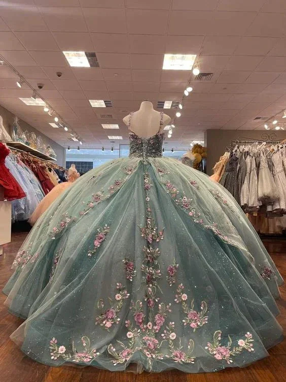 Glitter Sweetheart Spaghetti Strap Quinceanera Dresses Gorgeous 3D Flower Applique Beading Ball Gown  Y4711 - Image 2