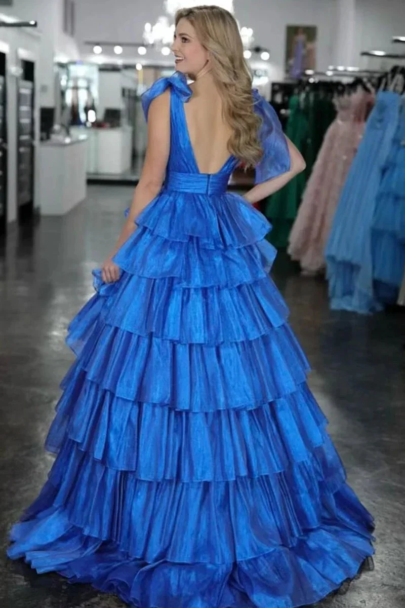 August | Glitter Tie Straps Pink Plunging Neck Tiered Long Prom Dress - Image 10