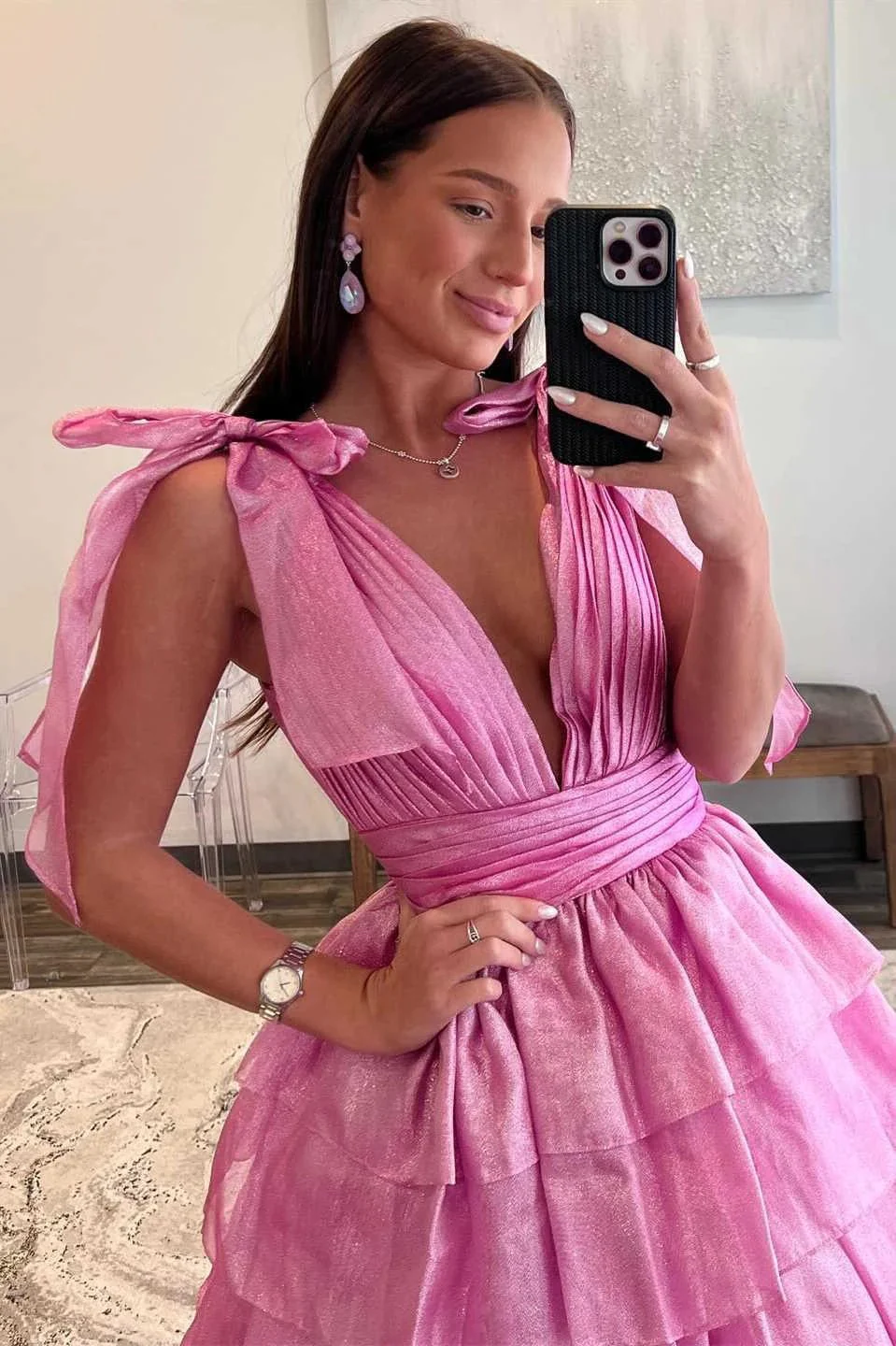 August | Glitter Tie Straps Pink Plunging Neck Tiered Long Prom Dress - Image 2