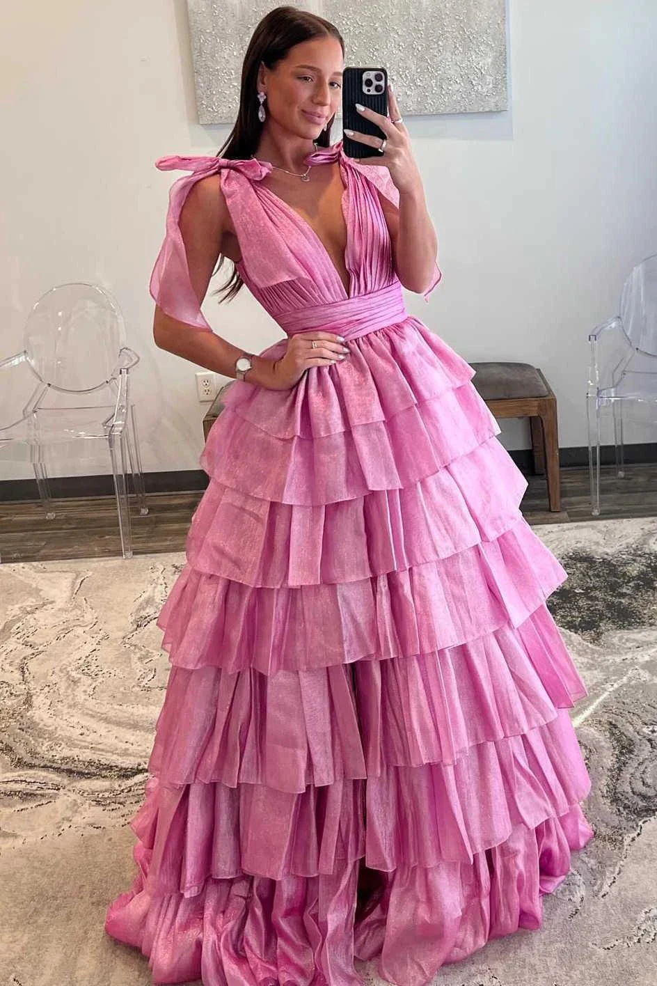 August | Glitter Tie Straps Pink Plunging Neck Tiered Long Prom Dress - Image 3