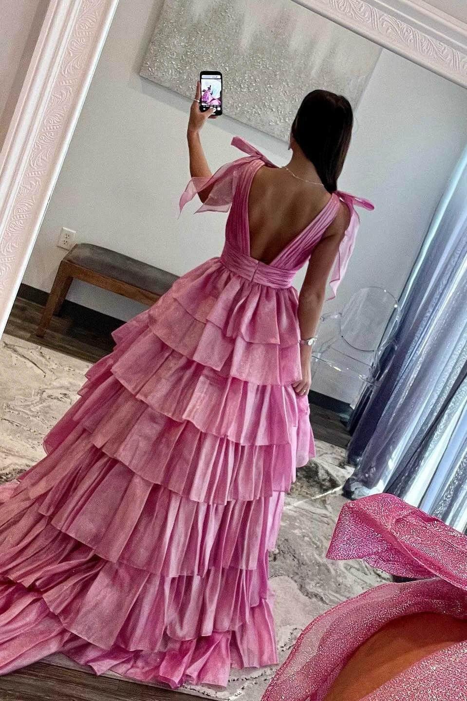August | Glitter Tie Straps Pink Plunging Neck Tiered Long Prom Dress - Image 4