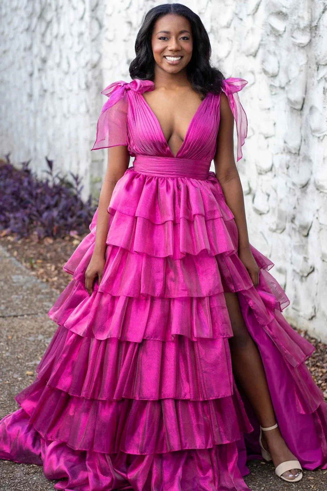 August | Glitter Tie Straps Pink Plunging Neck Tiered Long Prom Dress - Image 6