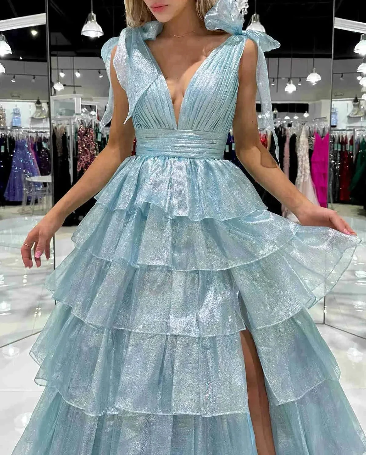 August | Glitter Tie Straps Pink Plunging Neck Tiered Long Prom Dress - Image 7
