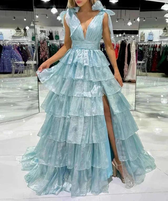 August | Glitter Tie Straps Pink Plunging Neck Tiered Long Prom Dress - Image 8