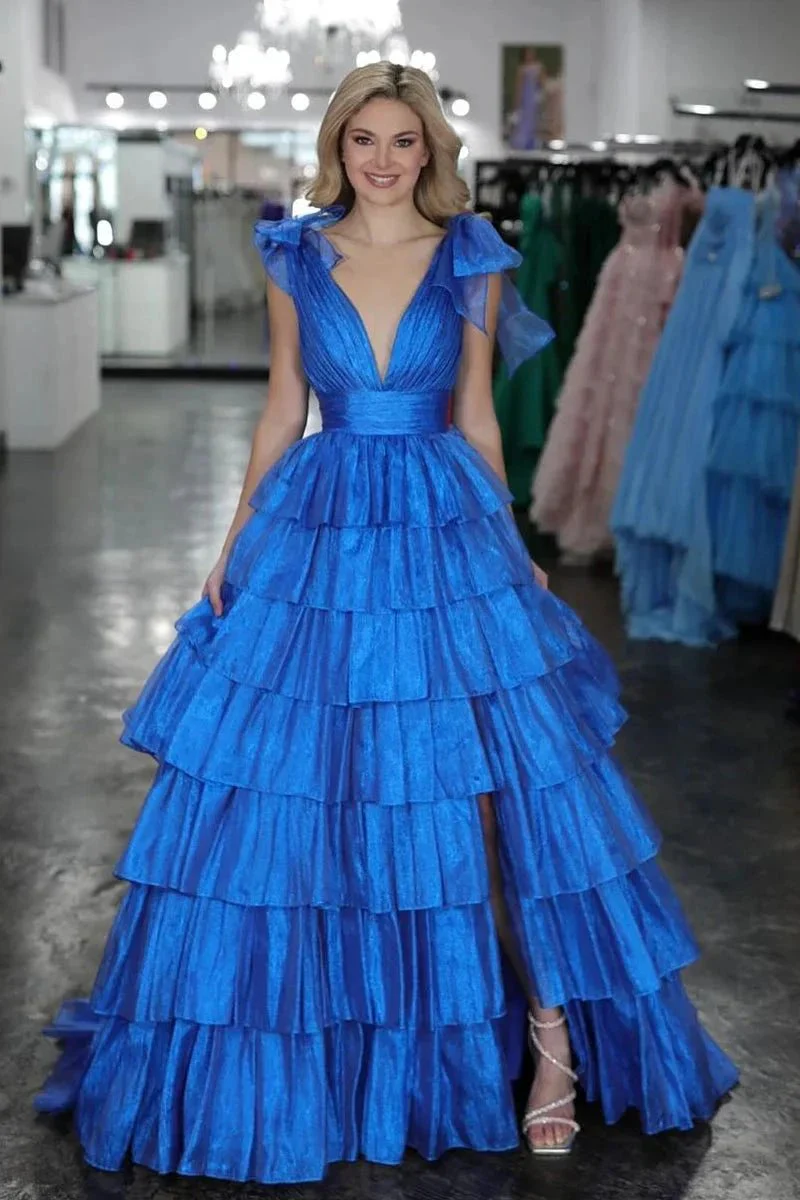 August | Glitter Tie Straps Pink Plunging Neck Tiered Long Prom Dress - Image 9