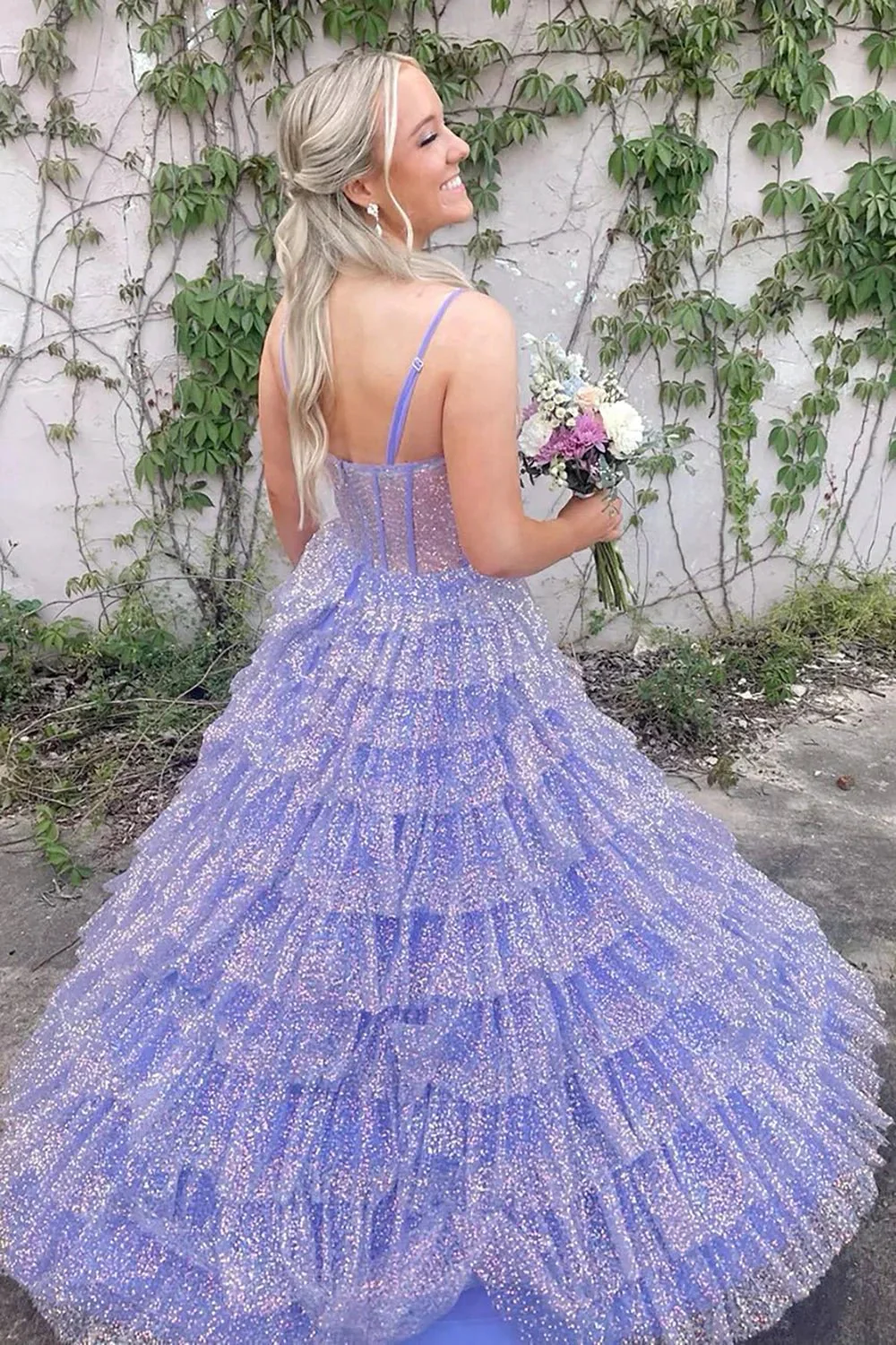 Eleanor | Glitter Tulle Corset Ruffle Tiered Long Prom Dress with Slit - Image 2